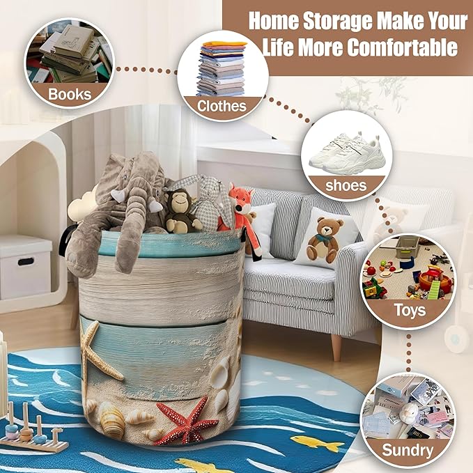 Beach Seashell Starfish Laundry Baskets,Blue White Wooden Laundry Hamper,Storage Basket with Handles for Bathroom Bedroom College Dormitory Living Room Nursery Organizer 16"x20.8"
