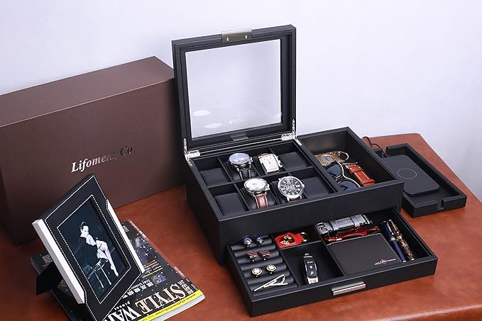 Mens Jewelry Box Valet Tray with Drawer and Charging Station Organizer,Nightstand Organizer for Men Jewelry Tray,Catchall Tray for Men Accessories