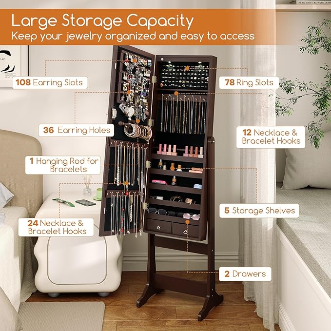 Giantex 2 LEDs Standing Jewelry Cabinet with Full Length Mirror, Lockable Mirrored Jewelry Armoire with 2 Drawers, 4 Adjustable Angles, Jewelry Storage Organizer, Brown