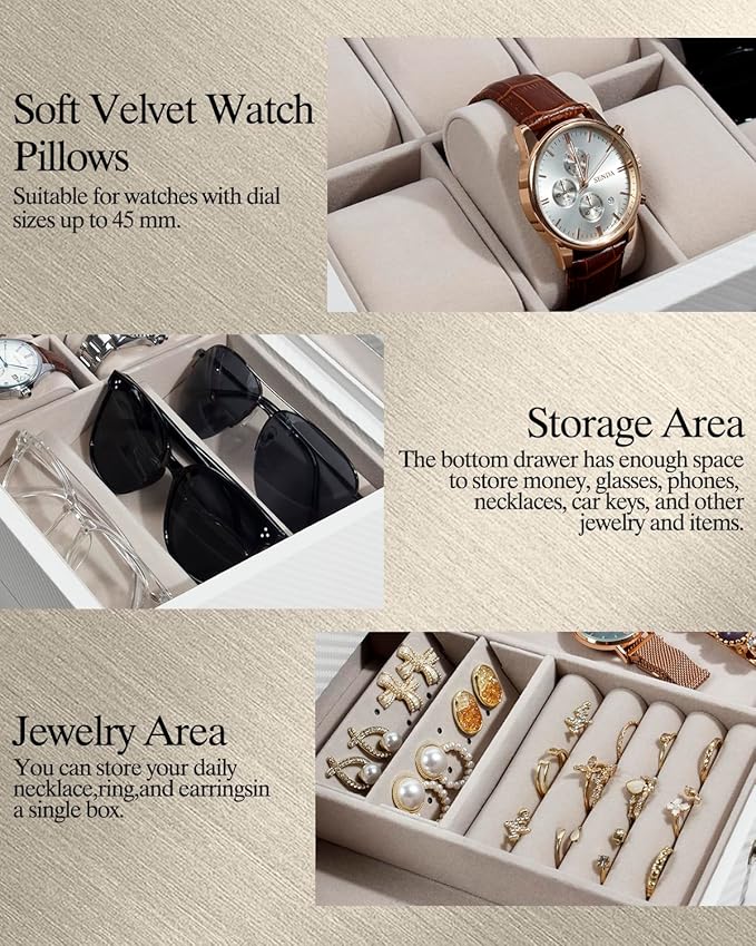 GUKA Watch box, 6 Slot Watch Case, 3 Slot Sunglass Organizer, Watch Cases for men with Real Glass Lid, Watch Organizer storage with Jewelry Case, Birthday for Men and Women,