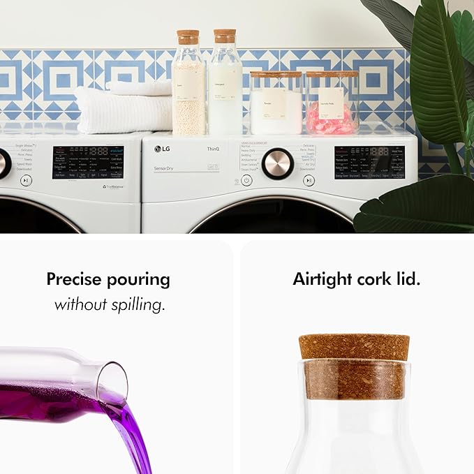 KIVY Glass Detergent Dispenser Container Set of 4 [INCL Labels] Large Glass jars for Laundry Room Organization Decor - Laundry soap dispenser for liquid detergent dispenser - Fabric softener dispenser