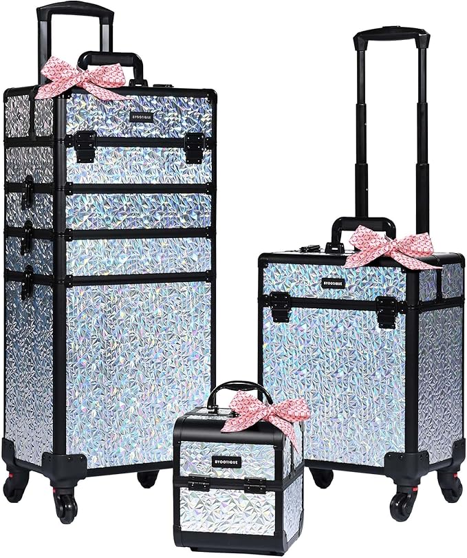 BYOOTIQUE Makeup Cart on Wheels 3-Piece Lockable Esthetician Rolling Case Cosmetology Organizer Kit Hair Tool Travel Bag for Lash Artist Nail Slon Beauty Studio Hairstylist Manicurist,Mermaid Silver