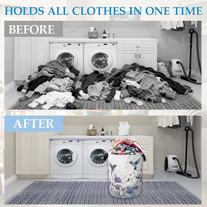 Hummingbird Flowers Laundry Basket Collapsible Laundry Hamper Clothes Toy Storage Bin for Bathroom Bedroom Room Decor 16" X 20.8"