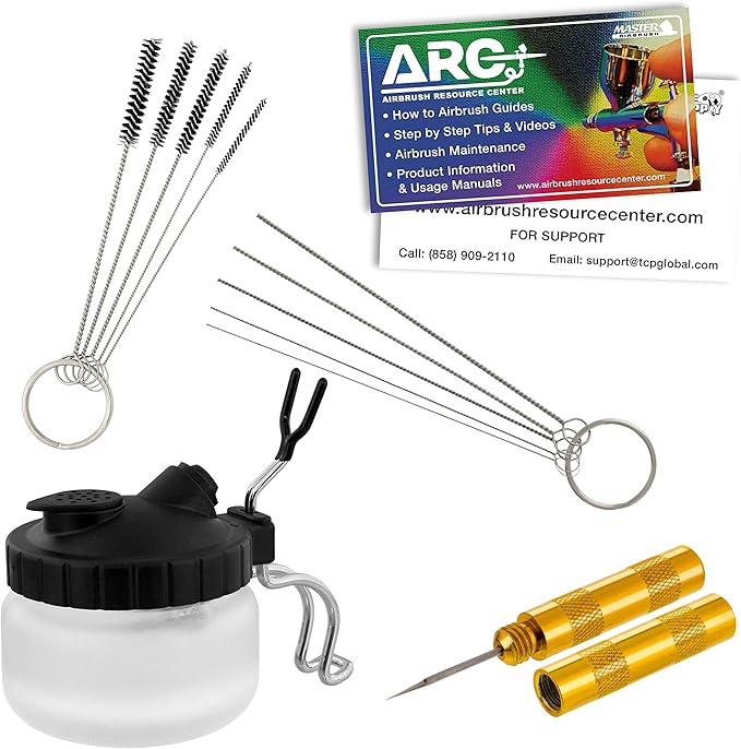 Master Airbrush 13 Piece Airbrush Cleaning Kit - Glass Cleaning Pot Jar with Holder, 5 pc Cleaning Needles, 5 pc Cleaning Brushes, 1 Wash Needle, & How to Link Card