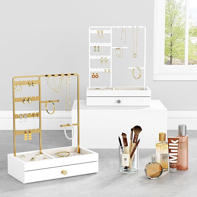 Gold Jewelry Stand Organizer Necklace Holder, Birthday Gifts for Women Girls, Small Jewelry Stand for Earrings Rings Bracelets, Velvet Jewelry Hanger Tree, Mothers Day Gifts - White and Gold