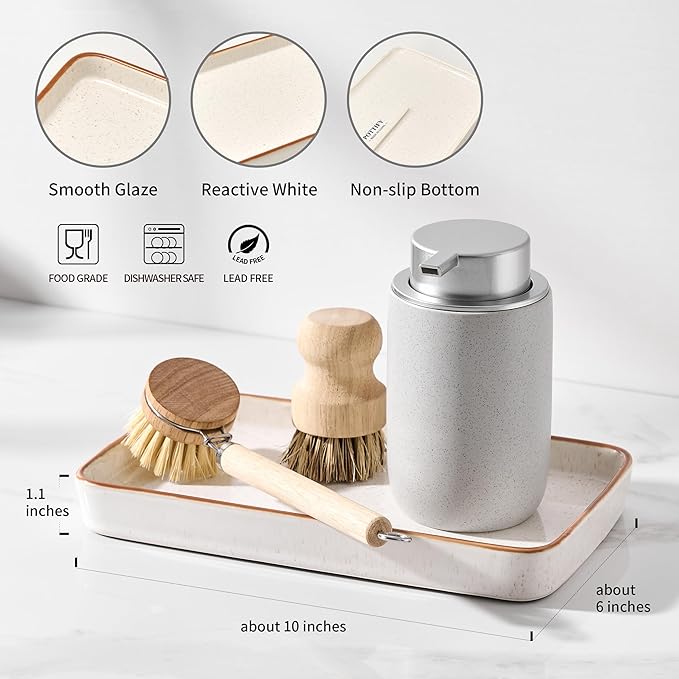 10"×6"×1" Bathroom Vanity Tray for Countertop- Ceramic Decorative Organizer Tray for Dresser Tops, Toilet, Perfume, Sponge Holder Soap Dish Dispenser for Kitchen Counter- Reactive White