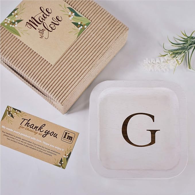 I'm Wooden Personalized Letter Catchall Valet Tray Trinket Dish Jewelry Tray Key Bowl Decorative Plate Organizing Ring Earrings Necklaces Bracelet Watch Coins Wallet Holder (6"x6" Sq White G)
