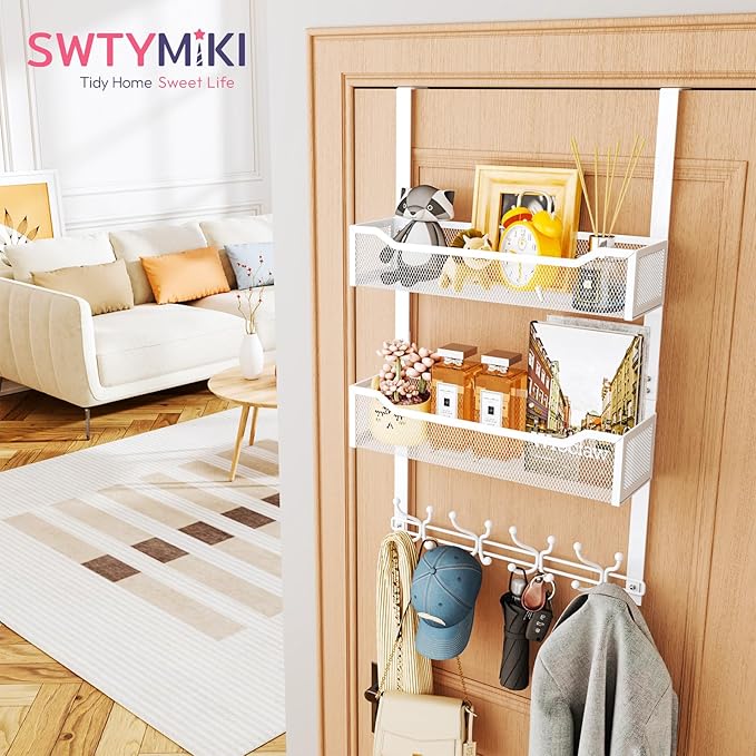 SWTYMIKI Over The Door Hook with 16 Hooks & 2 Mesh Baskets - Heavy Duty Over The Door Organizer Hanger for Towels, Coats, Clothes - Space Saving Hanging Rack for Bathroom, Living Room, White
