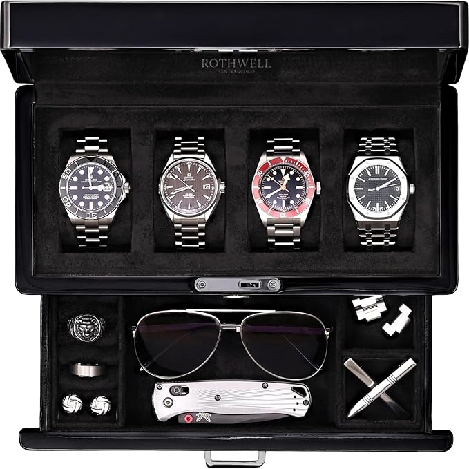 ROTHWELL 4-Slot Piano Black Watch Box with Valet Drawer - Premium Jewelry Display Case Organizer with Locking Glass Top and Microsuede Liner for Men & Women (Black Interior)