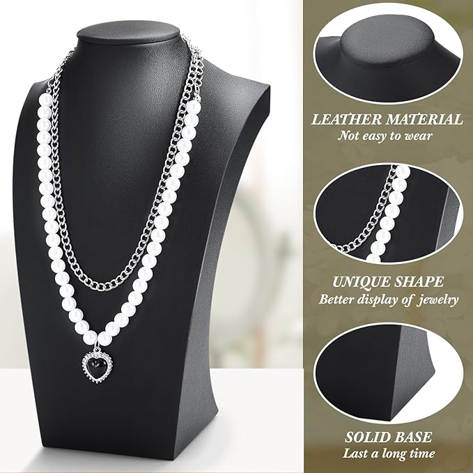 Kigley 3 Pcs Black PU Leather Jewelry Bust Display Necklace Display Stand Necklace Mannequin Holder for Jewelry Displays (9.8 x 3.0 x 5.7 Inches)