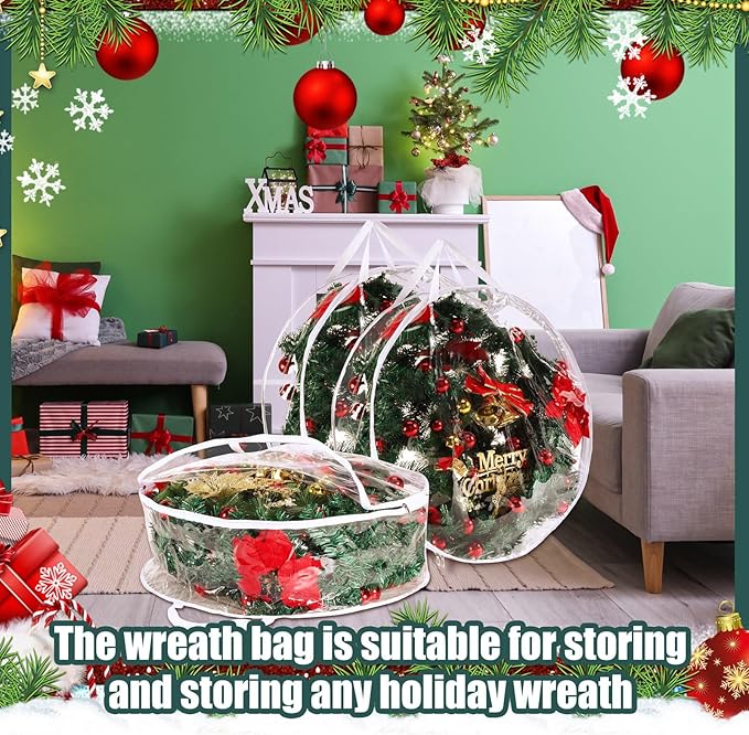 Shappy 10 Pcs 36 Inch Christmas Wreath Storage Container Clear Wreath Storage Bags PVC Waterproof Garland Bags with Clear Window Dual Zippers and Handles for Xmas Holiday Artificial Garland (White)