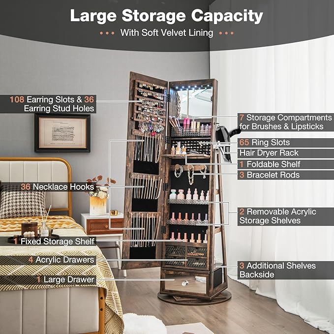 CHARMAID 360° Swivel Jewelry Cabinet Armoire 64.5" H, Full Length Mirror with Jewelry Storage, 6 LEDs Lockable Jewelry Organizer, Rear Storage Shelves, Large Drawer, Hairdryer Holder (Rustic Brown)