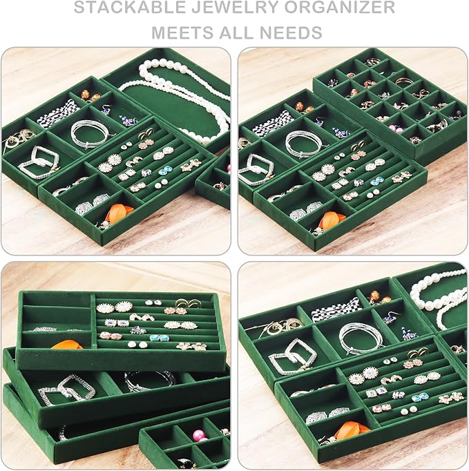 Jewelry Trays for Drawers, Set of 8 Stackable Velvet Jewelry Tray Inserts for Rings, Earrings, Necklaces, Bracelets – Fits Most Dresser/Closet Drawers, Non‑Slip Lined, Green