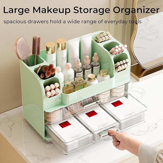 Makeup Organizer for Vanity with 2 Large Drawers, Cosmetic Display Case with Brush Holders, Easy to Storage for Bathroom Countertop Skincare, Desk Office Supplies, Green