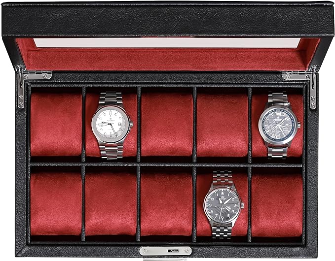 ROTHWELL 10 Slot Leather Watch Box - Luxury Case Display Jewelry Organizer - Locking Watch Display Case Holder with Large Glass Top - Box Organizer for Men and Women (Black/Red)
