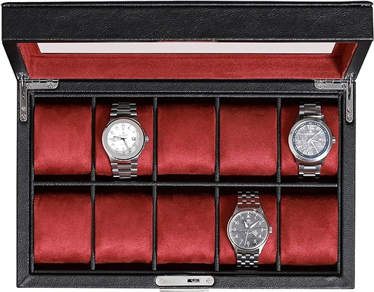ROTHWELL 10 Slot Leather Watch Box - Luxury Case Display Jewelry Organizer - Locking Watch Display Case Holder with Large Glass Top - Box Organizer for Men and Women (Black/Red)
