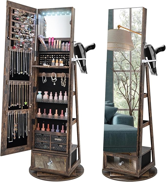 CHARMAID 360° Swivel Jewelry Cabinet Armoire 64.5" H, Full Length Mirror with Jewelry Storage, 6 LEDs Lockable Jewelry Organizer, Rear Storage Shelves, Large Drawer, Hairdryer Holder (Rustic Brown)