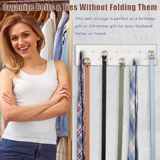 Belt Hanger Wall Mount Belt Organizer for Closet, Holds Over 28 Belts Wooden Wall Mounted Belt Rack Storage Tie and Scarf Hanger for Closet, Wall, Door (White)