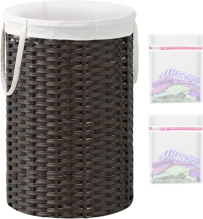 34.3 Gal (130 L) Large Laundry Hamper Laundry Basket Round Handwoven Wicker Laundry Baskets Rattan Laundry Basket with Removable Bag Handles 2 Mesh Bags for Living Room Bedroom Brown (No Lid)