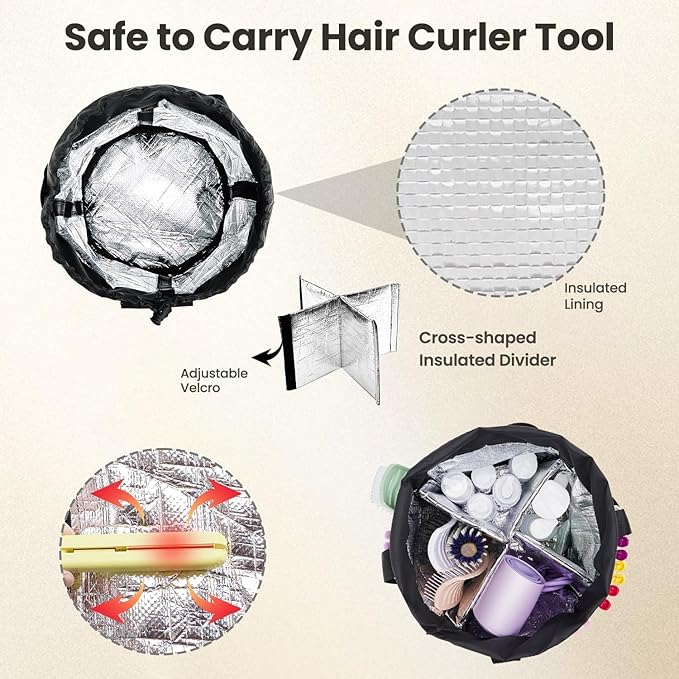 Hairstylist Travel Bag, with Dust Cover, 11L Large Capacity, Heat-Resistant Interior, Iridescent Pockets, DIY Velcro Straps, Top Drawstring, Bathroom Cleaning/Pet Grooming Supplies Organizer