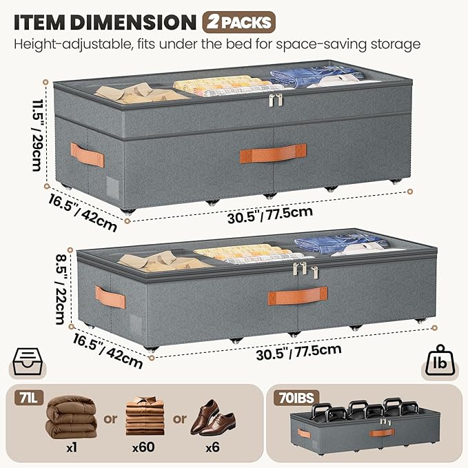 Under Bed Storage with Wheels, 2Pack 71L Under the Bed Storage Containers, Adjustable Underbed Drawer with Lids, Underbed storage Rolling Bin for Shoes, Clothes, Blankets, Grey