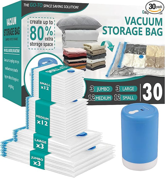 Cozy Essential 30 Pack Vacuum Storage Bags with Portable Rechargeable Wireless Electric Pump, Vacuum Seal Space Saver Bags for Clothing, Pillows, Blanket, Bedding, Comforter