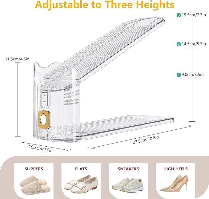 Shoe Slots Organizer for Closet, 8-Pack Adjustable Shoe Stacker & Space Saver Shoe Rack, Clear Double Deck Shoe Storage for Small Spaces (Transparent Gold)