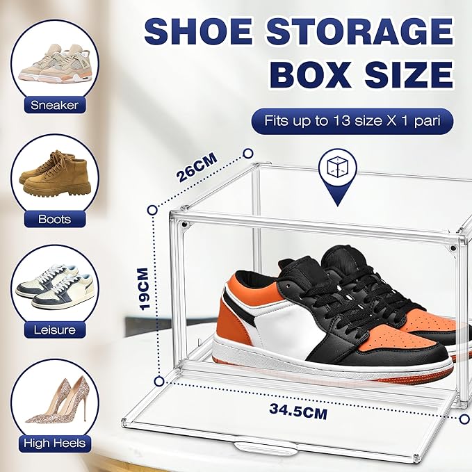 12 Pack Clear Shoe Boxes for Sneakers, Size 12 Acrylic Shoe Storage Under Bed Stackable Handbag Organizer with Magnetic Lid Collection Acrylic Display Case
