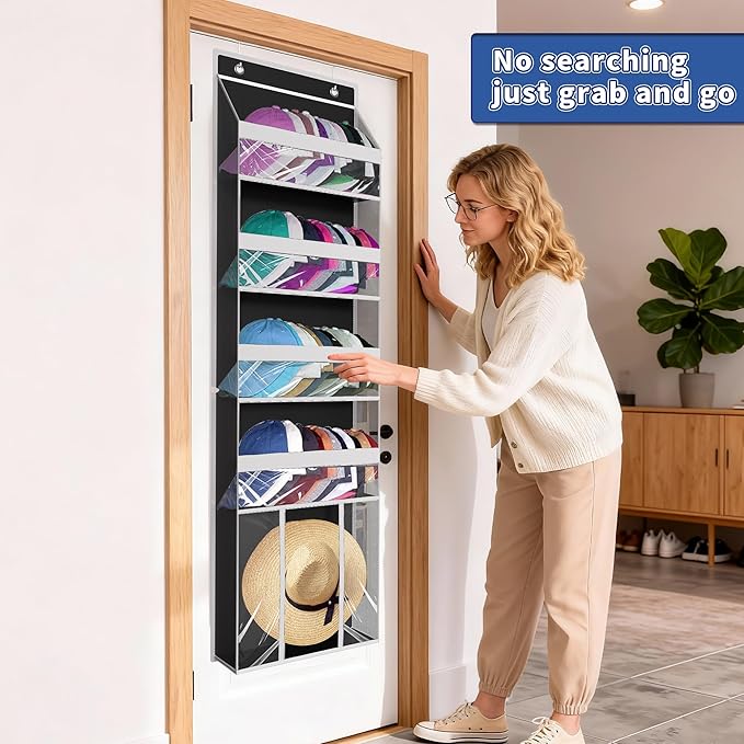 Over The Door Hat Organizer for Baseball Caps - Holds up 60 Hat Rack with Extra Large Row for Cowboy, Hat Storage for Closet, Bedroom, Cabinet, Space Saving Hanging Holder, Scarves, Accessories