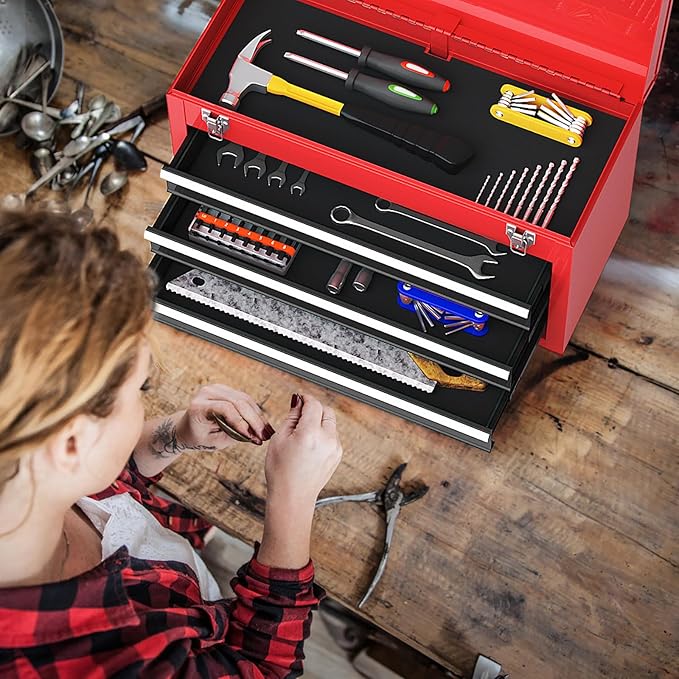 Portable Tool Box, 3-Drawer Tool Chest with Carry Handle, 2 Metal Latches & Liner, Metal Tool Box Storage Box Organizer for Garage, Warehouse & Repair Shop (Black+Red)