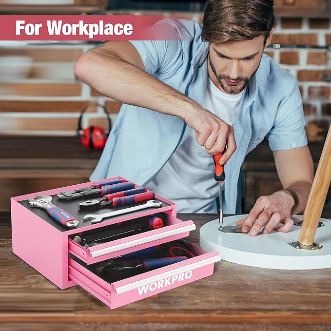 WORKPRO 12.5" Mini Tool Box with 2 Drawers & 1 Open Top Storage, Small Metal Tool Chest with PVC Liners & PP Feet Pads, Cold Rolled Steel Toolbox with Drawer Liners & Magnetic Tabs - Pink Ribbon