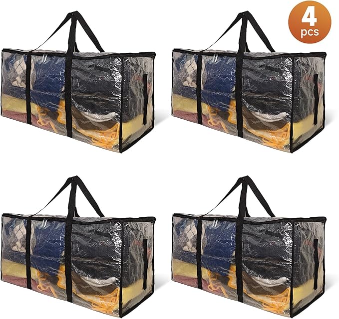 CONGREGATE 4 Pack Extra Large Moving Bags with Zippers and Carrying Handles, Heavy-Duty Storage Tote Moving Boxes for Space Saving, Semi-Transparent 97L/25.6Gal (28.7"x13.7"x15")