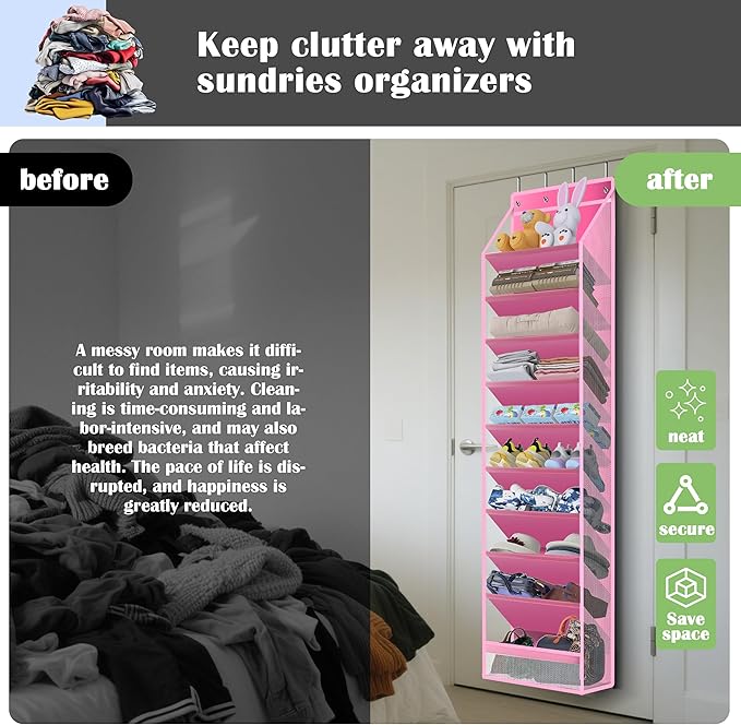 10 - Pocket Over - the - Door Hanging Shoe Organizers & Rack, Made of Sturdy 600D Oxford + Non - Woven Fabric, Space - Saving Storage for Shoes, Boots & More (Pink)