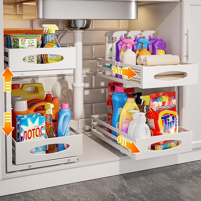 Under Sink Organizer, 2 Tier Under Sink Organizers and Storage, Adjustable Height, Slide out Metal Cabinet Organizers, Pull out Cabinet Storage Drawer Shelf for Kitchen Bathroom 2Pack