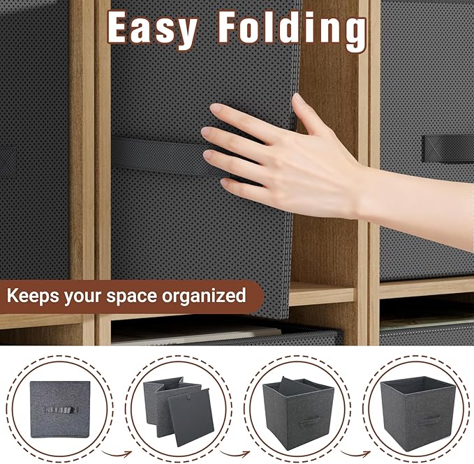 Fabric Storage Bins, Foldable Storage Cubes Baskets with Handle for Organizing, Collapsible Bins Cube Organizer Baskets for Closet, Shelves, Clothes, Towel (Gray, 3 Pack)