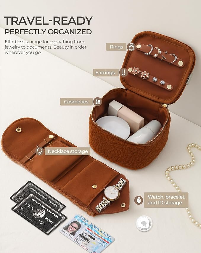 Travel Jewelry Case, 2-In-1 Small Jewelry Organizer Travel Jewelry Storage with Foldable Jewelry Roll for Earrings Rings Makeup, Travel Essentials Gifts for Women Girl, Toffee