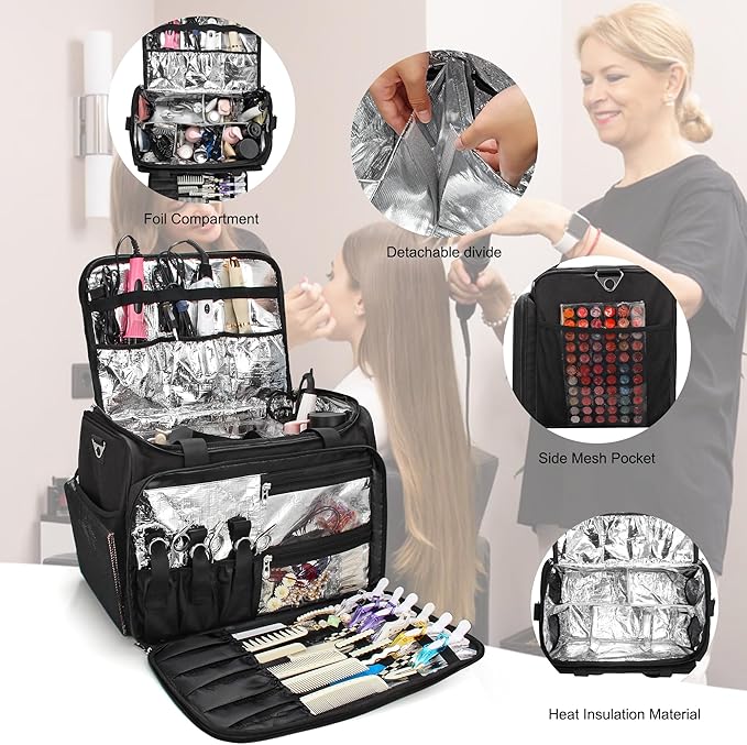 MONSTINA Rolling Train Case with Wheels, Extra Large Makeup Bag with 4 Bags Professional Hairdressing Bag Hairstylist Travel Bag Cosmetology Case on Wheels for Makeup Artist Hairstylist