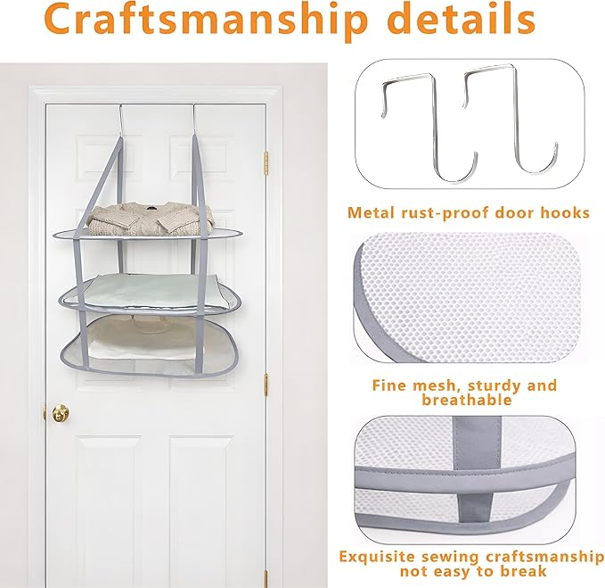 SAMJANE Sweater Drying Rack Hanging – Lay-Flat Warp-Knit Airflow Mesh for Delicates, 3-Tier Foldable Space-Saving Door-Hanging Design for Fast Drying & No Deformation in Small Spaces (Grey- 3 Pack)