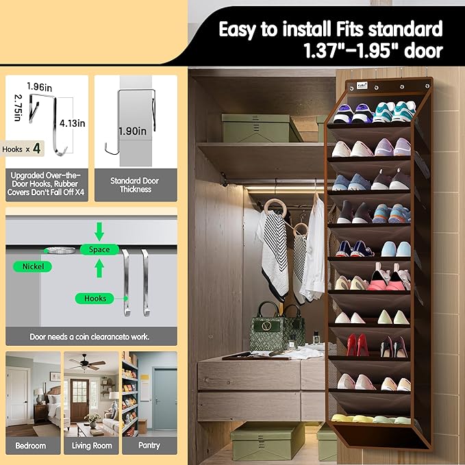 10 Tier Over The Door Organizer - Heavy Duty Hanging Storage Rack with Sturdy Oxford Fabric, Holds 20+ Pairs of Footwear, Boots & Sneakers, Saves 50% Closet Space (Dark Curry)