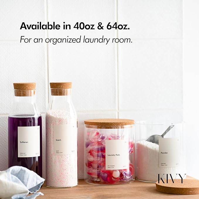 KIVY Glass Laundry Detergent Dispenser + Labels [Set of 2] Glass Jars for Laundry Room Organization Decor - Scent Beads & Soap Dispenser for Liquid Detergent Dispenser & Fabric Softener