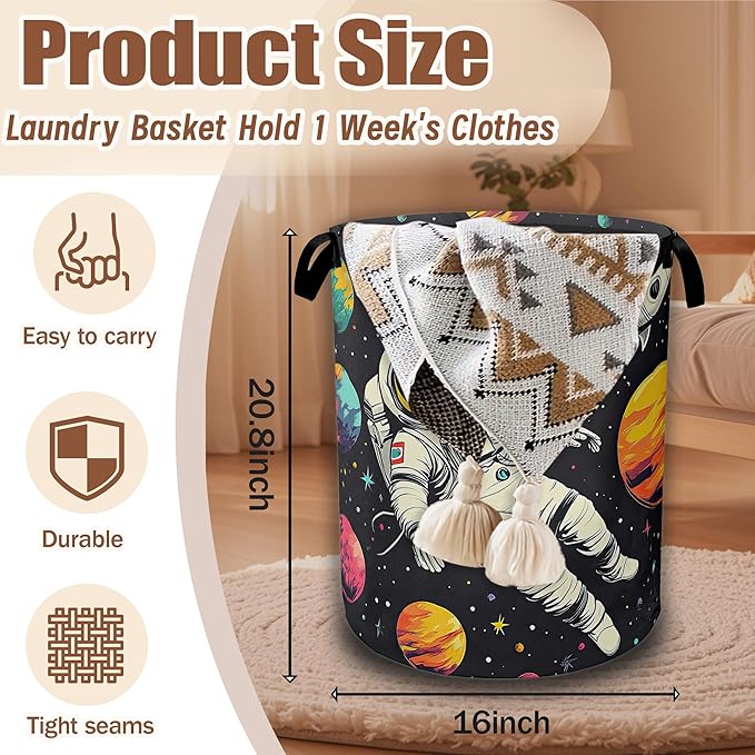 Astronaut Galaxy Space Laundry Hamper, Collapsible Laundry Baskets Waterproof Oxford Cloth With Handles,Clothes Storage Bucket Toy Organizer For Bathroom/Nursery/Bedroom 16" x 20.8"