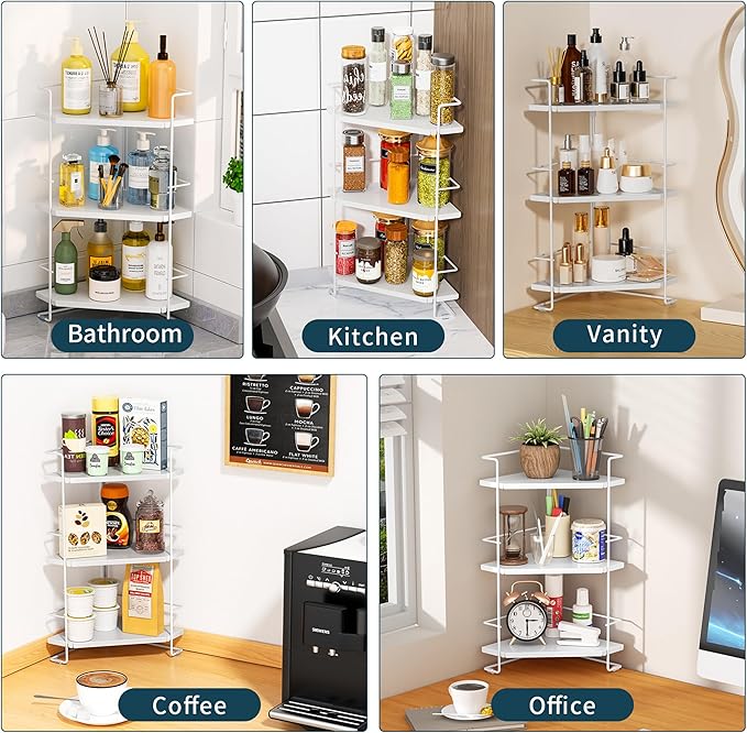 3-Tier Bathroom Countertop Organizer, Bathroom Organizers and Storage for Bathroom, Kitchen Counter, Corner Storage Shelf for Bedroom Storage Makeup Skincare Perfume (White)