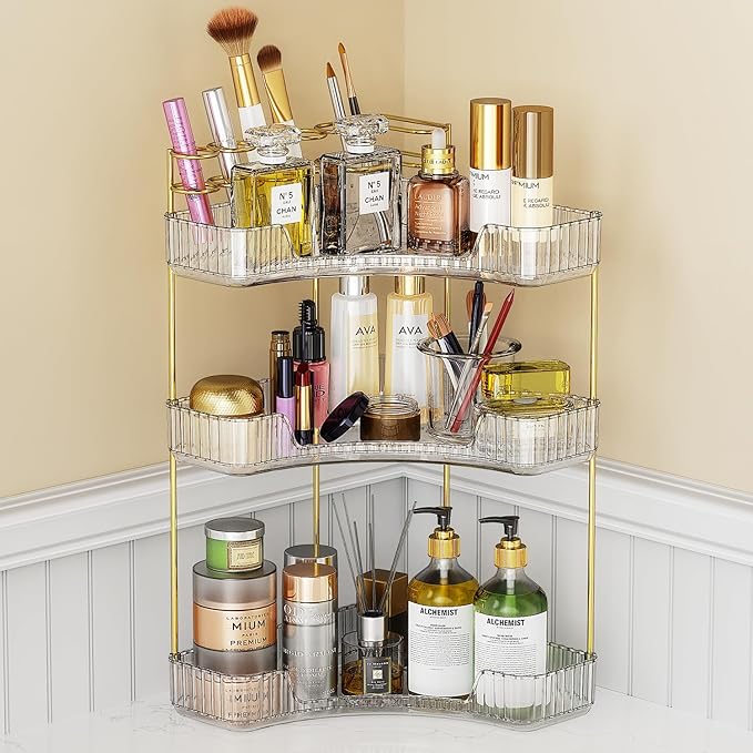 3-Tier Corner Bathroom Counter Organizer Makeup Cosmetic Storage, Tool-Free Installation Acrylic Vanity Shelf, Countertop Storage Organizers Perfume Tray for Bathroom, Dresser, Kitchen (Clear)