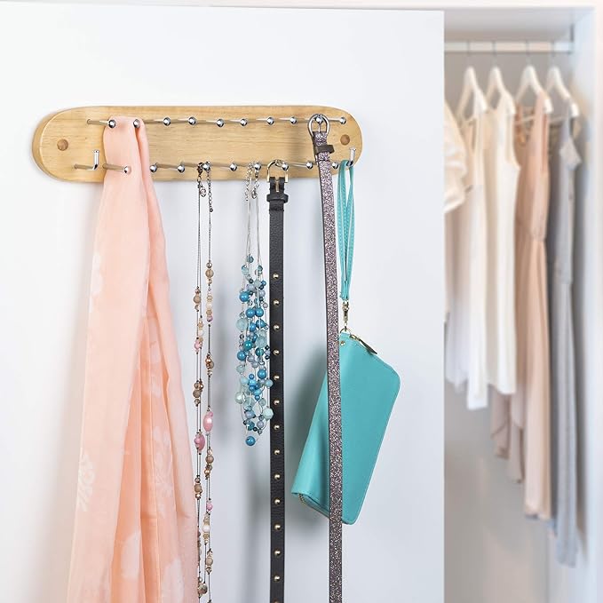Richards Homewares Tie Rack Wall Mounted - Wood Belt Scarf Hanger with 21 Chrome Hooks for Closet for Storage and Organization Natural
