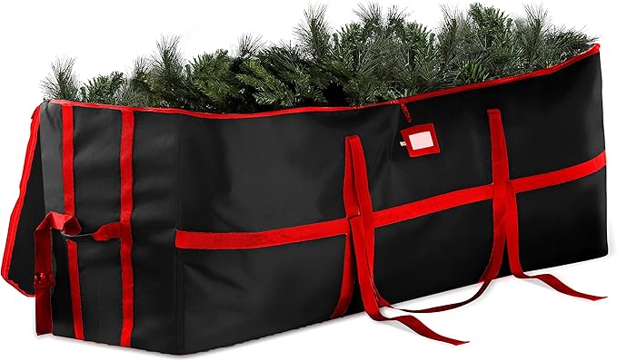 ZOBER Wide Christmas Tree Storage Bag - Maximum Accessibility - Fits 7.5 Ft Trees - 600D Oxford Fabric Christmas Tree Bag For Storage Box For Xmas - Strong Durable Straps & Handles - Card Slot - Black