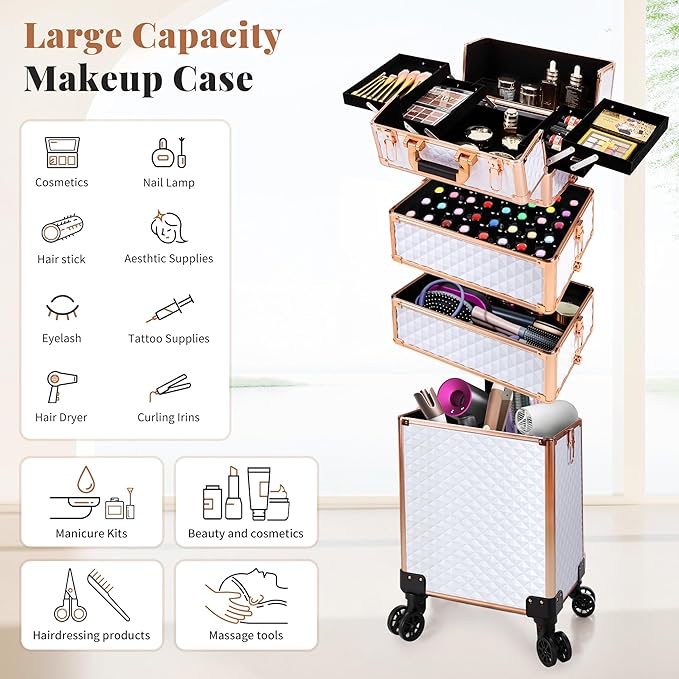 AROUS Rolling Makeup Train Case 4 in 1 Cosmetology Case on Wheels Large Storage Cosmetic Trolley with Key Salon Barber Case Traveling Cart Trunk,White