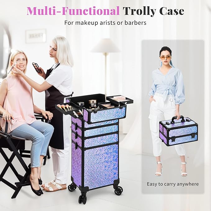 Profesional Rolling Makeup Train Case with Lid, 5 in 1 Cosmetology Case on Wheels, Large Cosmetic Trolley Organizer Travel for Hairstylist Artist Nail Beauty Salon Barber, Gravel Purple