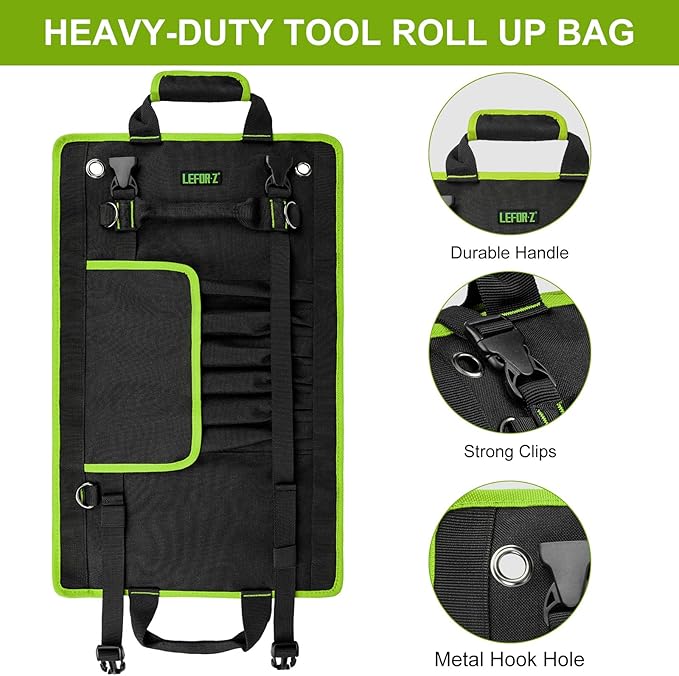 Tool Bag,Large Roll Up Tool Bag Organizer,13 Pockets Tool Roll Storage Pouch,Heavy Duty Portable Tool Storage Carrier Bag for Men,Mechanic,Electrician & Hobbyist,Black/Green