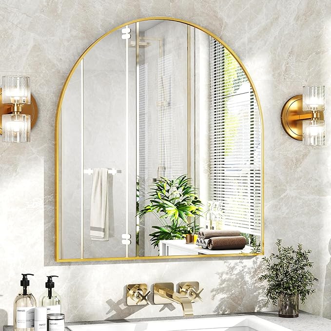31"x32" Arched Wall Mirror for Bathroom, Gold Vanity Mirror for Bedroom, Living Room, Entryway, Decorative Hanging Mirror for Wall