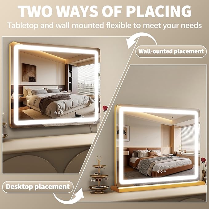 FENNIO 23" x 18" Vanity Mirror with Lights，LED Makeup Mirror，Hollywood Mirror with 3 Color Modes & Adjustable Brightness，Vanity Mirror Gold